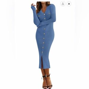 Chic Long Sleeve Blue Knit Dress with Gold Buttons